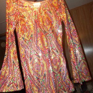 New 70's Disco Diva Girl's Halloween Sequin Costume Dance Dress Bell Sleeves